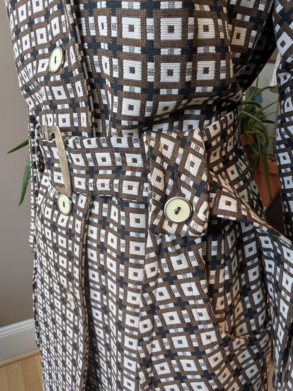 Vintage Geometric Print Belted Trench Coat - Brown & Cream